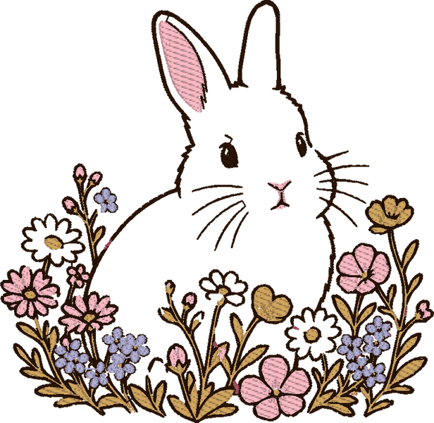 The rabbit as a realistic flat design: its upright ears and meadow flowers retained in muted pink, lavender, tan and dark brown thread