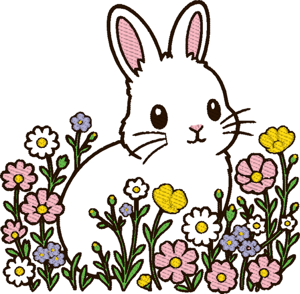 The rabbit as a kawaii sticker: the same meadow scene redrawn with a rounder rabbit, oversized eyes, brighter flowers and a heavy outline
