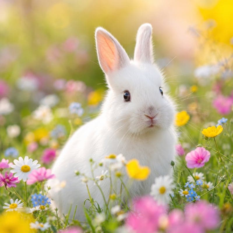 The uploaded image: a white rabbit sitting in a sunlit meadow filled with pink, yellow, white and blue flowers