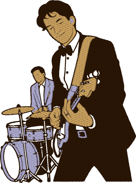 The guitarist as a realistic flat design: the stage light dropped away, the figure and drum kit reduced to flat blocks of dark brown, cream and pale blue