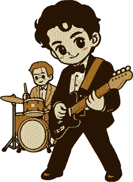 The guitarist as a kawaii sticker: the same scene as round-headed characters with big eyes and a heavy dark contour