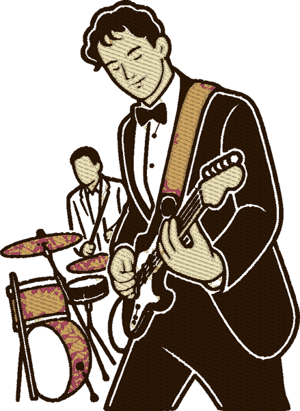 The guitarist as minimal line art: the figures drawn in outline with hatched shadows, the background left as bare fabric