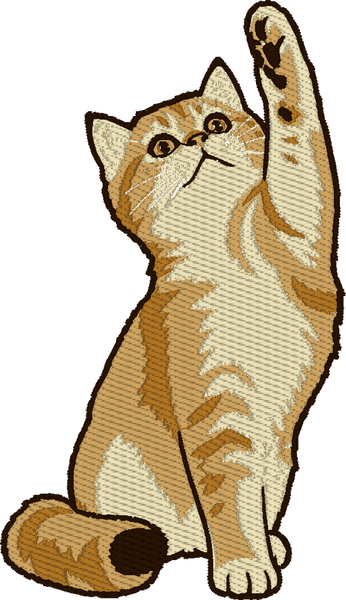 The kitten as a realistic flat design: the pose and markings kept, the fur reduced to four blocks of tan, cream and brown with the stitch direction visible in each