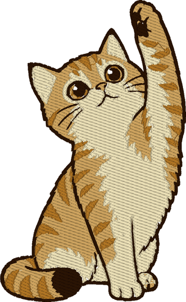 The kitten as a kawaii sticker: the same raised-paw pose redrawn with a rounder face, much larger eyes and a heavy dark outline around every shape