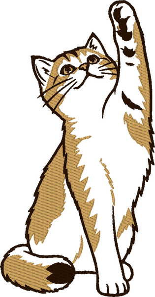 The kitten as minimal line art: the outline and the tabby markings only, three colours, most of the body left as bare fabric