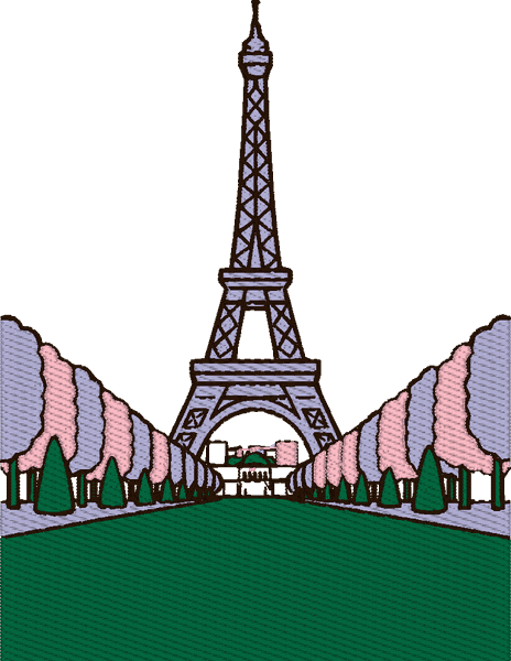The tower as a realistic flat design: the lattice kept as fine stitching, the lawn a solid green block, the trees pale violet