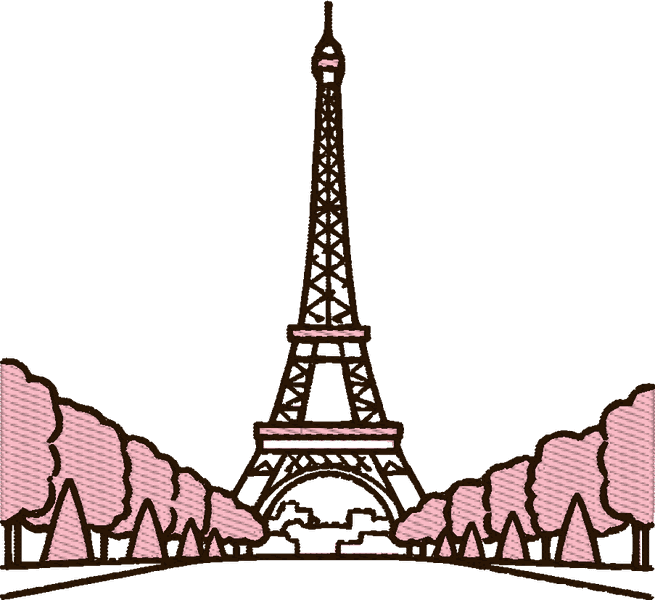 The tower as minimal line art: the whole scene as two colours of outline, the sky and lawn left unstitched
